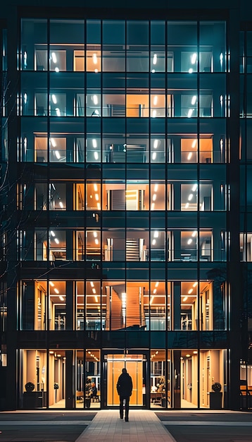 A man walking by a towering commercial building in the city at night