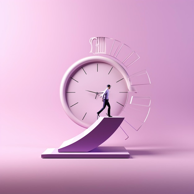 Photo man walking on clock hand against pink background