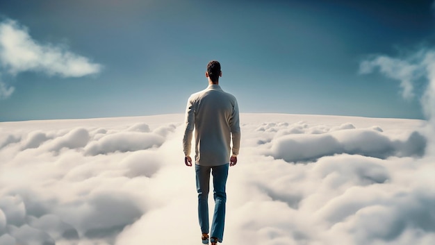 man walking over clouds back view