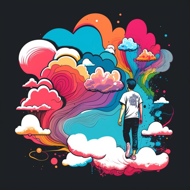 A man walking in the clouds with a t - shirt that says'the sky is colorful '