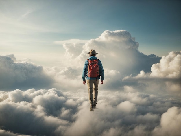 Photo man walking on clouds