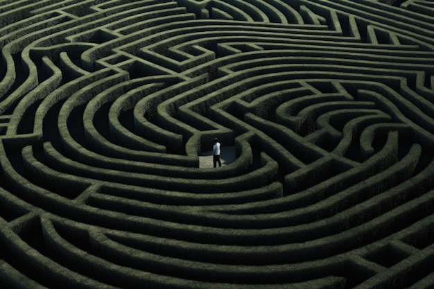 Man walking in a complex maze Surreal concept Generative AI illustration