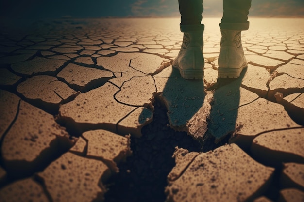 Foto l'uomo cammina su una terra fessura e secca il concetto di cambiamento climatico