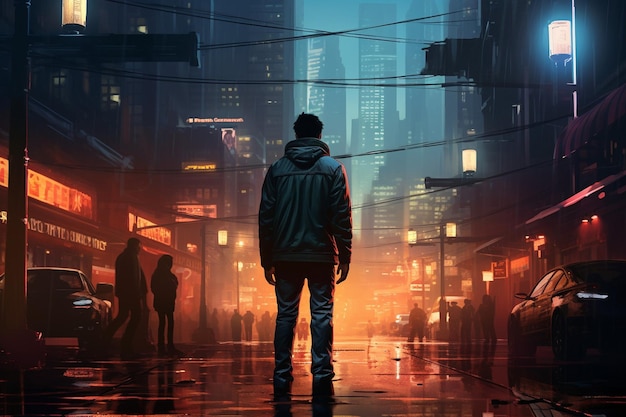 Man walking in a cyberpunk city digital painting