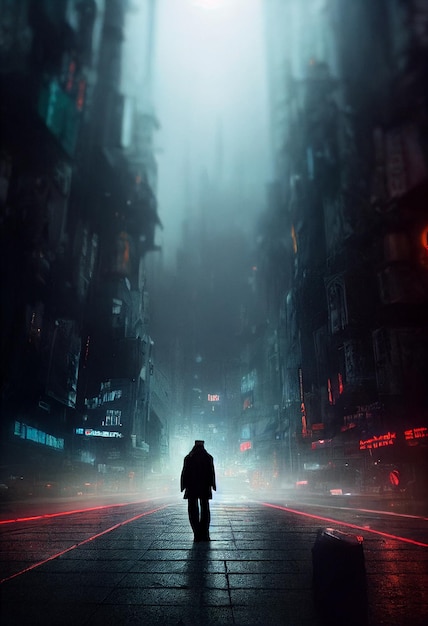 Man walking in a cyberpunk city at night Digital painting of a futuristic environment Neon lightsDystopic urban wallpaperAI Neural Network Computer Generated Art