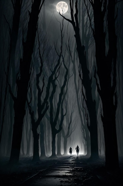 A man walking in a dark forest with a silhouette of a man in the dark.