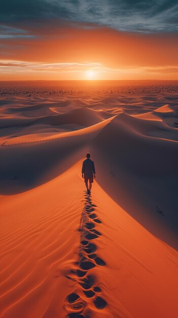 Человек, идущий по пустынным песчаным дюнам, воздушный вид на закате
