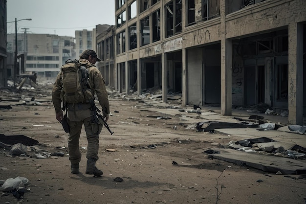 Photo man walking in desert with abandoned ruins