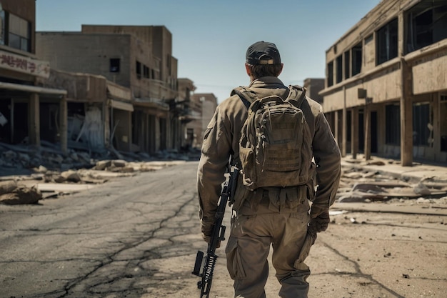 Man walking in desert with abandoned ruins