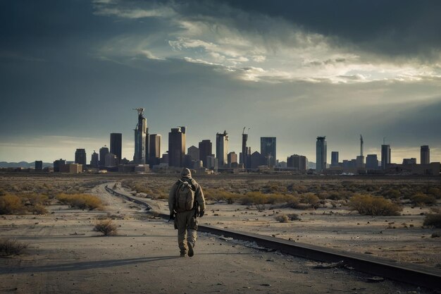 Photo man walking in desert with abandoned ruins