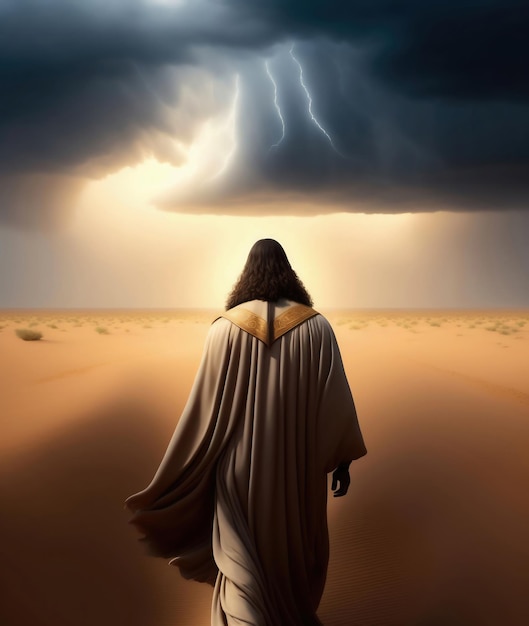 A man walking in the desert with a storm in the background.