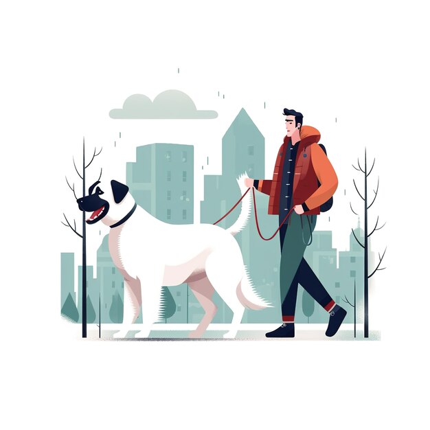 A man walking a dog in the city with a city in the background.