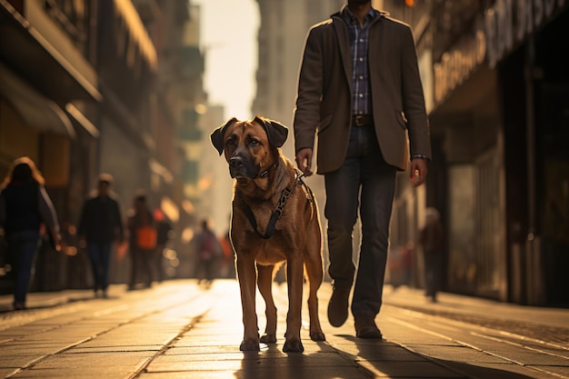 A man walking a dog down a city street