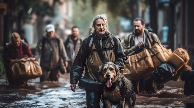 침수된 거리에서 개를 산책시키는 남자 Generative AI 이미지