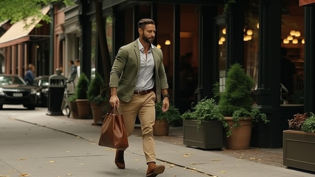 Photo a man walking down a city street with his brown bag ai
