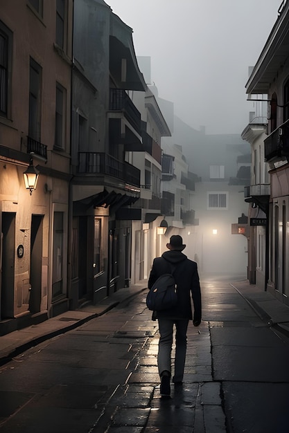 man Walking down a dark street in the style of misty atmosphere i cant believe how beautiful