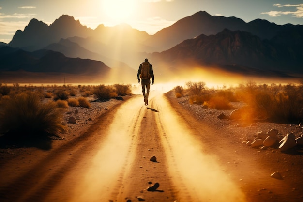 Man walking down dirt road in the middle of the desert with mountains in the background Generative AI