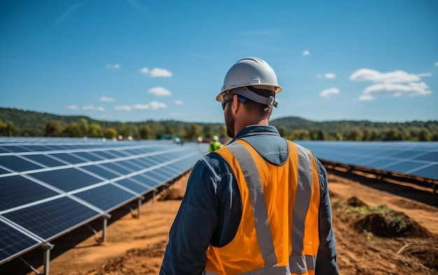 A man walking down a dirt road next to rows of solar panels Ai