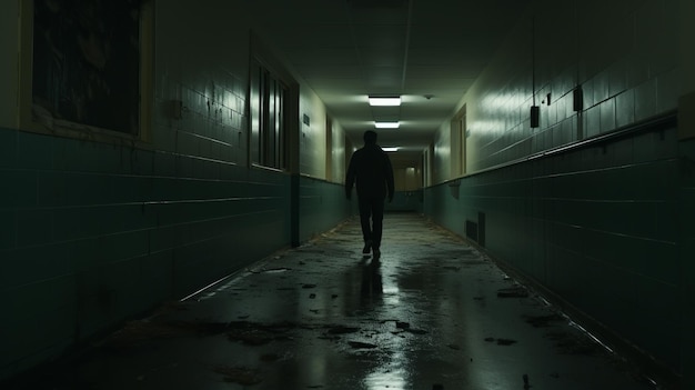 A man walking down a hallway in a dark hallway