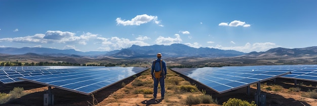A man walking down next to industrial solar panels