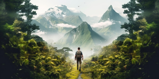 A man walking down a path through a lush green forest Generative AI image