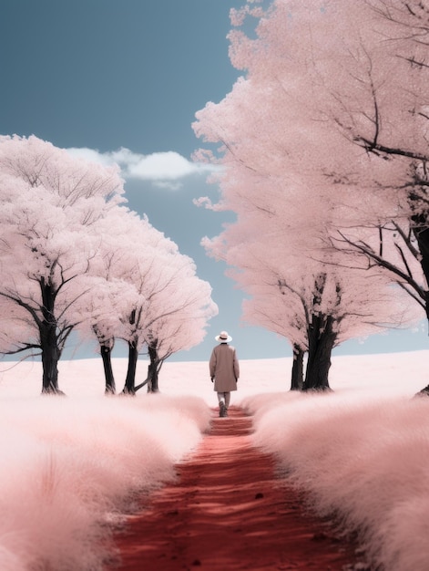 a man walking down a red path in an infrared image