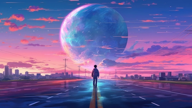 A man walking down the road in front of a planet