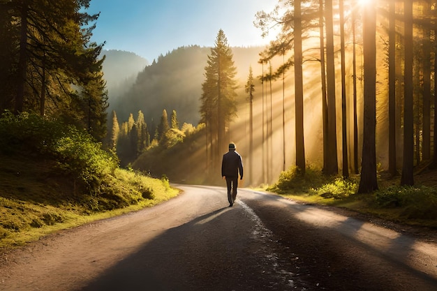 A man walking down a road with the sun shining through the trees