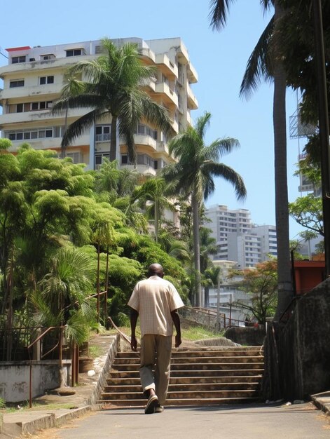 Photo a man walking down a set of stairs