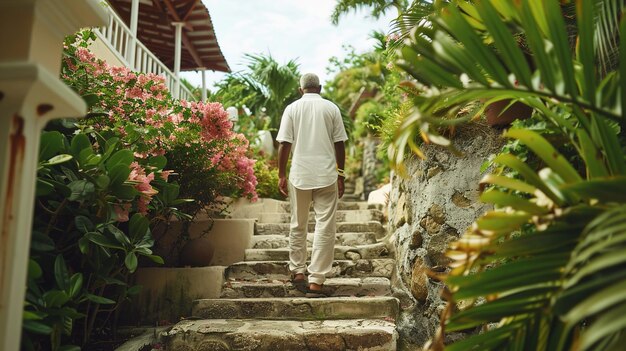Photo a man walking down a set of steps with a white shirt on