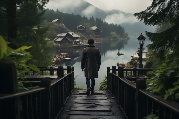 A man walking down the steps into the town at lake