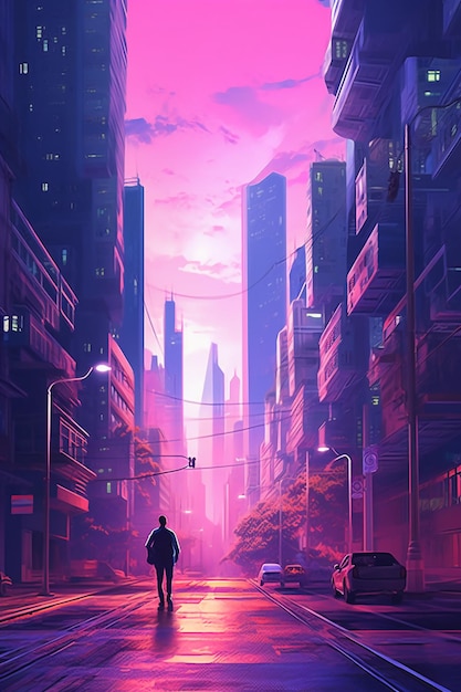 A man walking down a street in a city with a purple sky.