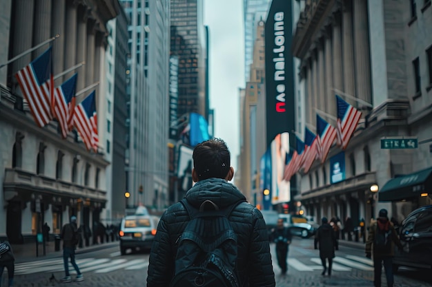 A man walking down a street in a city