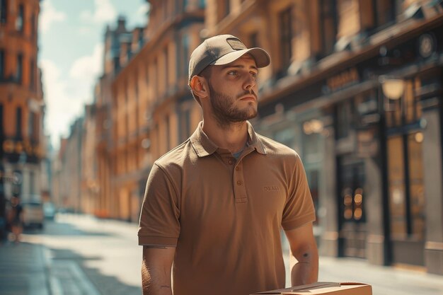 Photo man walking down street holding box