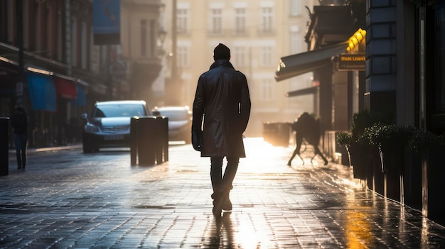 Man Walking Down Street in Rain