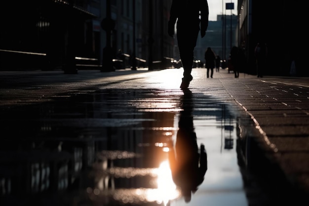 A man walking down a street next to tall buildings generative AI