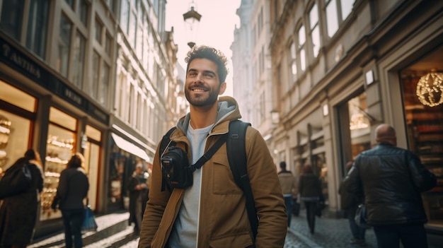 Premium AI Image | A Man Walking Down a Street Next to Tall Buildings