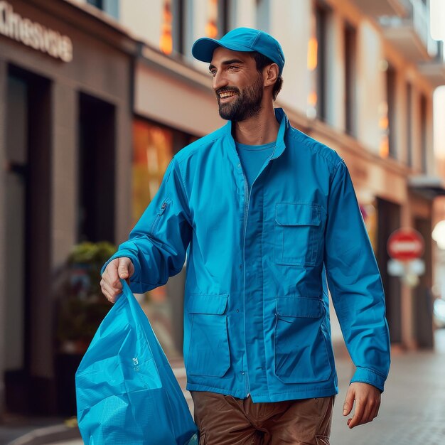 Man Walking Down Street With Blue Bag