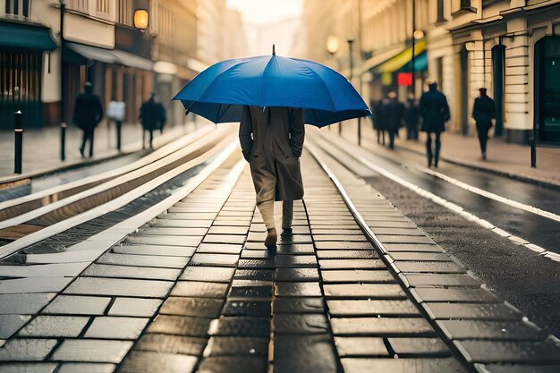 傘をさして通りを歩いている男性