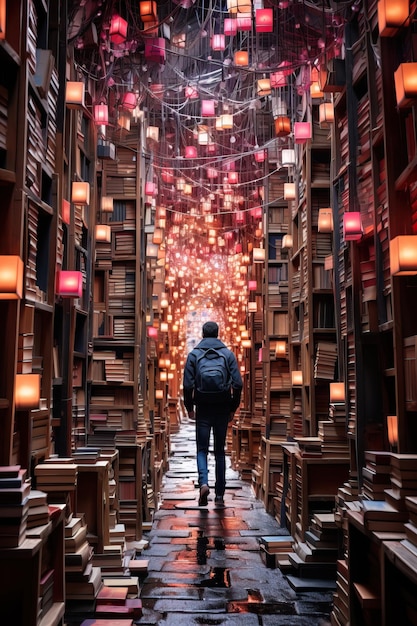 a man walking down a walkway with many books and lights