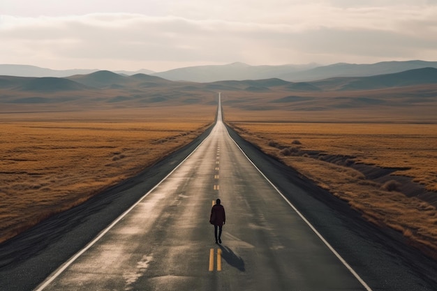 Photo a man walking on an empty road in the middle of the desert