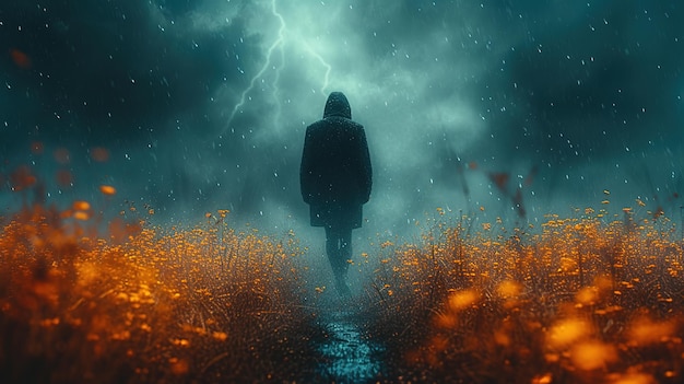 Man walking in the field with lightning