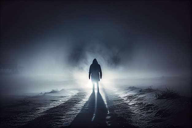 Photo a man walking in the fog on the road foggy night