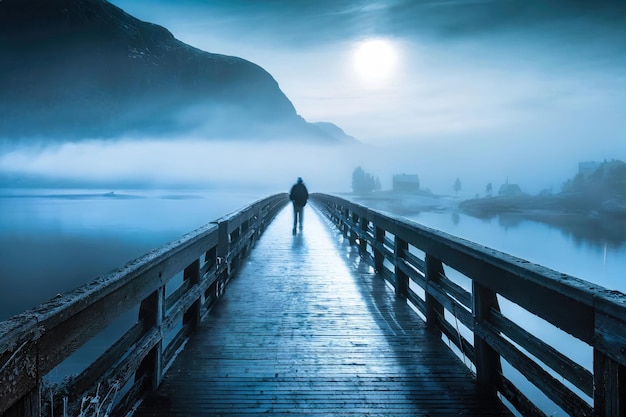 Man walking on a foggy bridge