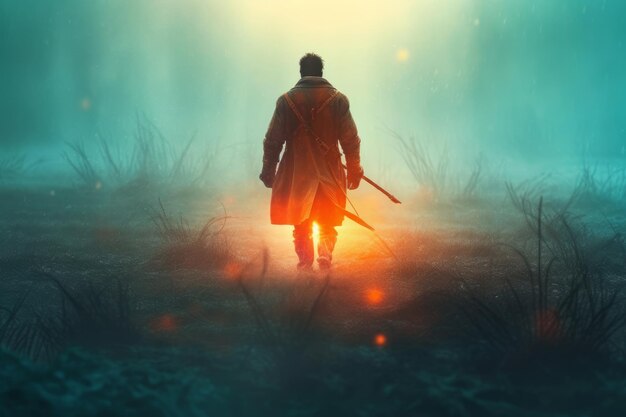 A man walking in a foggy forest with a sword in his hand.