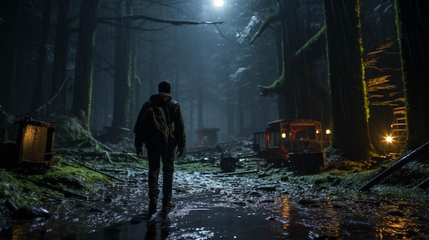 Photo man walking in the forest at dark night