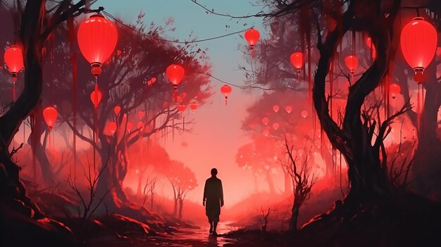 A man walking in the forest with red lanterns hanging from the ceiling.