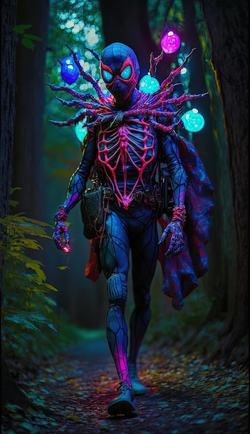 A man walking in a forest with a skeleton on his back