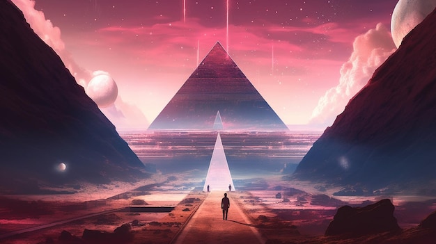 A man walking in front of a pyramid