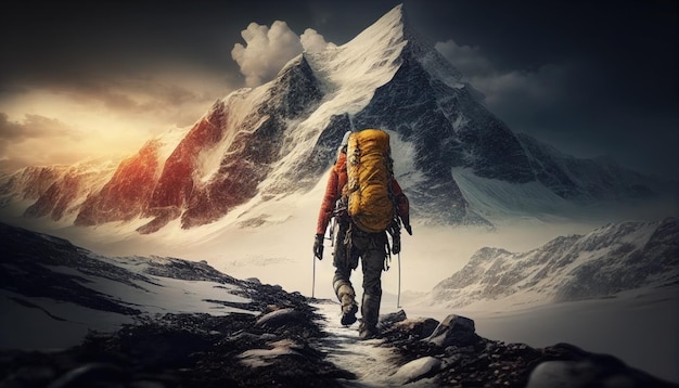 A man walking in front of a snowy mountain